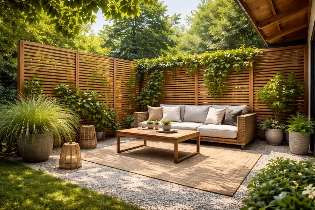 Zona de estar en jardín con celosía de madera tipo lamas y trepadoras, creando privacidad y sombra ligera junto a mobiliario exterior
