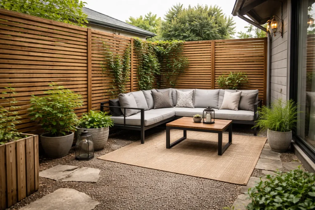 Patio con celosía de madera de lamas y plantas trepadoras, creando privacidad en una zona de estar exterior junto a la casa