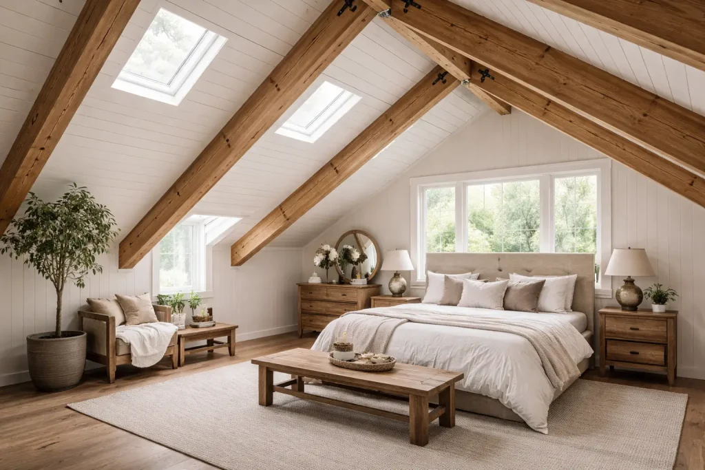 Dormitorio abuhardillado luminoso con vigas laminadas de madera vistas, techo blanco inclinado, claraboyas y cama doble con textiles neutros