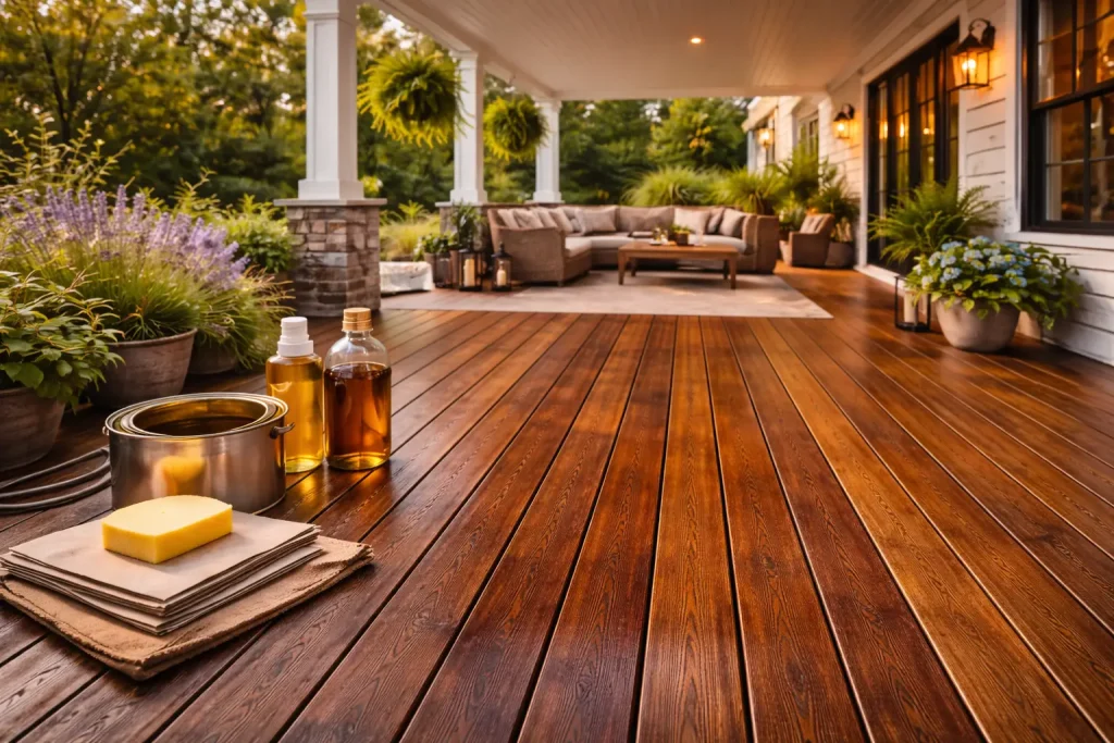 Porche de vivienda con tarima exterior de madera recién tratada y productos de mantenimiento, con puertas acristaladas y jardín alrededor