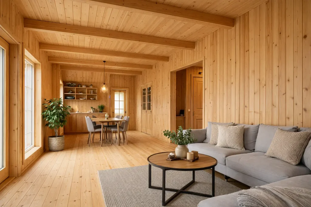 Salon luminoso con paredes revestidas en laminado de madera en vertical, techo de friso machihembrado con vigas vistas y mobiliario en tonos neutros