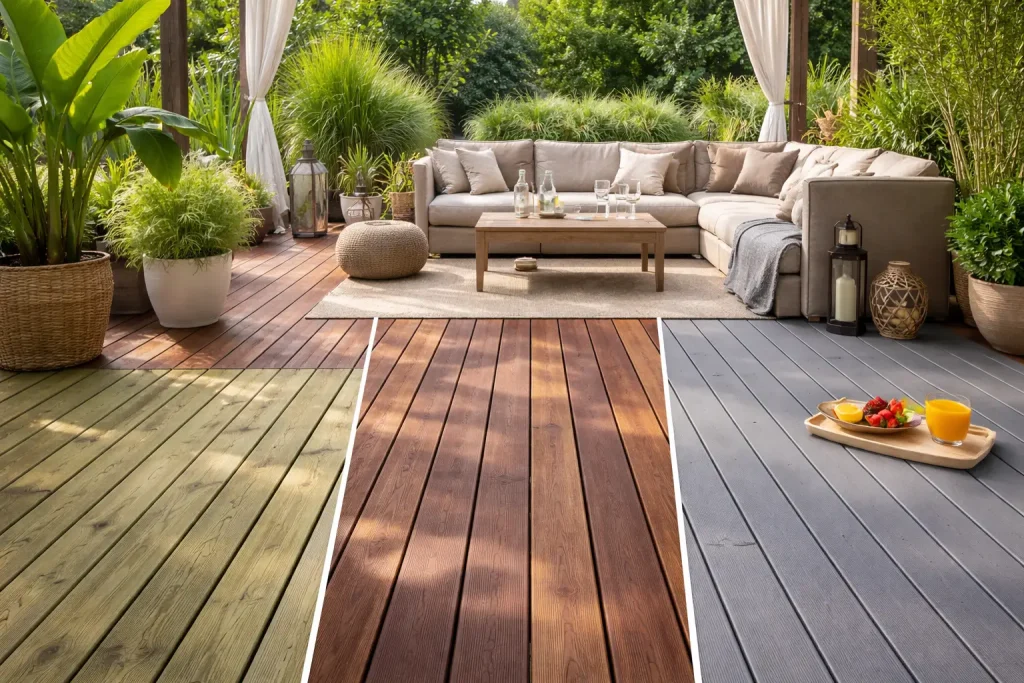 Tarima de exterior en terraza con tres acabados (madera tratada, madera tropical y tarima tecnológica) y zona de sofá al aire libre