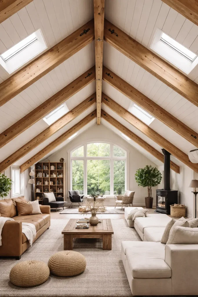 Ático luminoso con vigas laminadas de madera vistas en el techo a dos aguas, claraboyas y salón con sofás en tonos claros