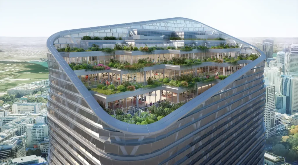 Diseño arquitectónico con terrazas ajardinadas y espacios verdes del edificio Atlassian Central en Sídney