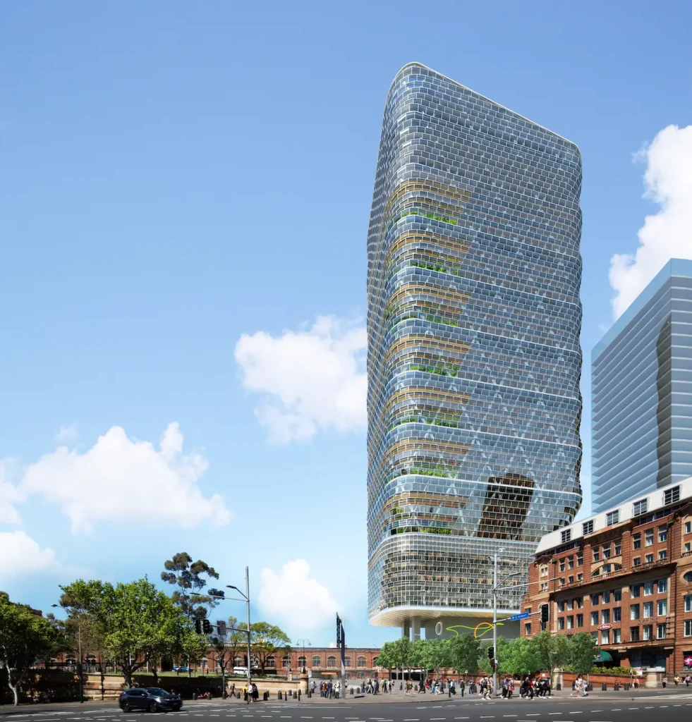 Torre Atlassian Central integrada en el paisaje urbano de Sídney con arquitectura moderna y espacios verdes en altura